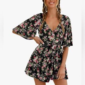 Relipop V neck flared sleeve waist belted layered ruffle romper
